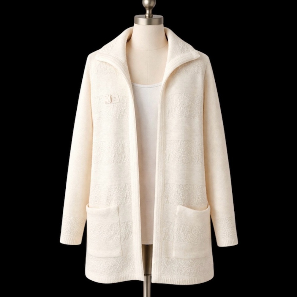 Vintage Amana Woolen Mills Ivory Open Front Cardigan Pockets Hand Knit S/M USA